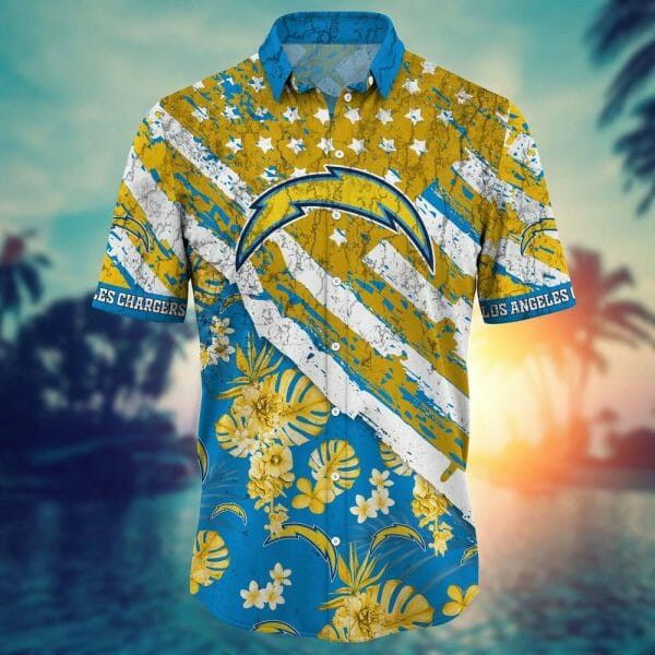 Nfl Los Angeles Chargers Gold Flowers Blue Trendy Hawaiian Shirt V2 Aloha Shirt