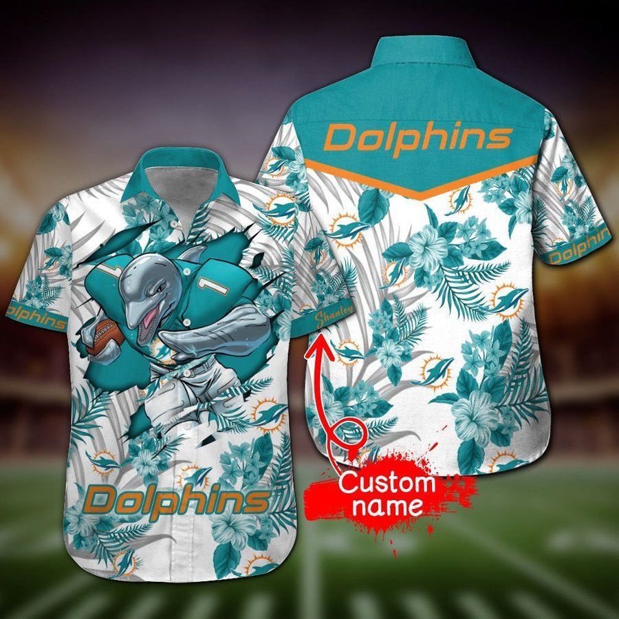 NFL Miami Dolphins Custom Name Mascot White Hawaiian Shirt
