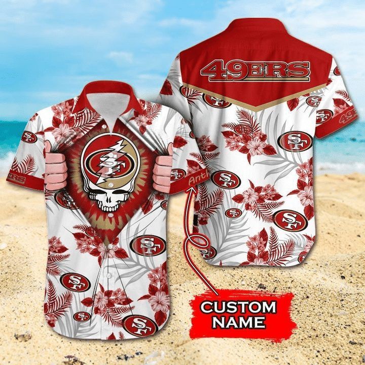 Nfl San Francisco 49Ers Custom Name Red Tropical Flower Skull Trendy Hawaiian Shirt Aloha Shirt