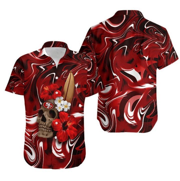 Nfl San Francisco 49Ers Skull In Red Flower Trendy Hawaiian Shirt Aloha Shirt