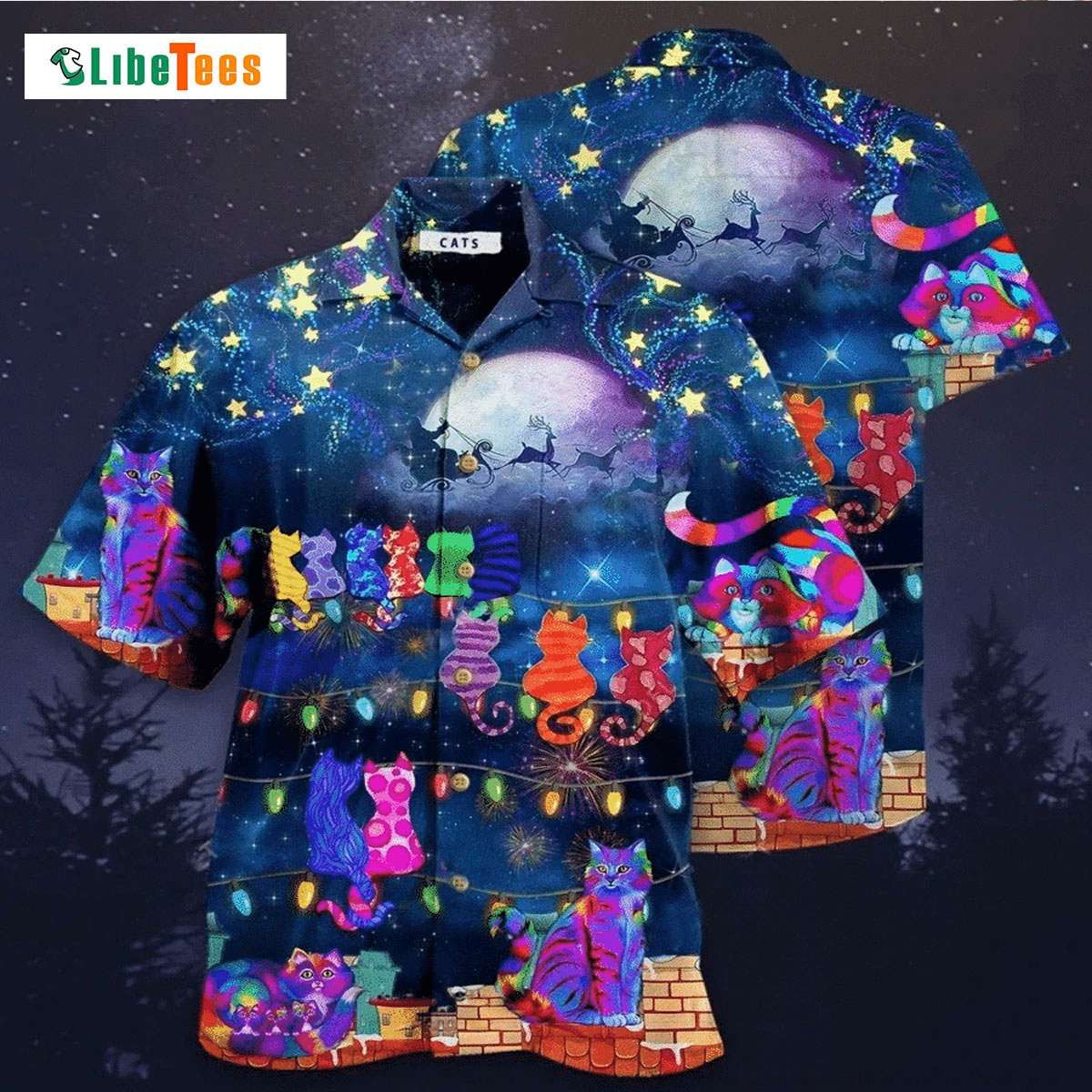 Night Beside a Christmas Tree with Cat Hawaiian Shirt
