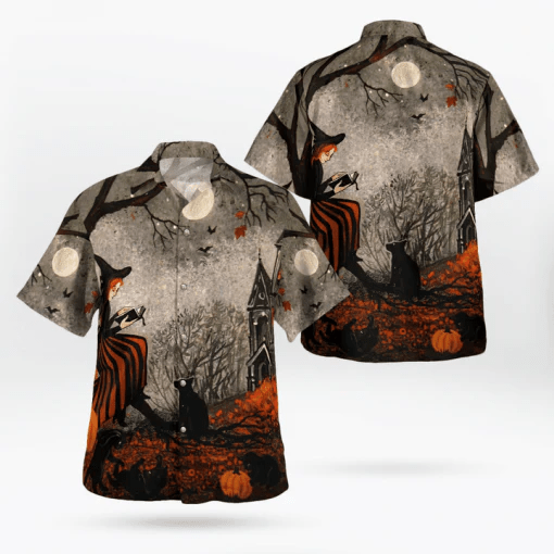Night Scene with Cats and Little Witch Hawaiian Halloween Shirt
