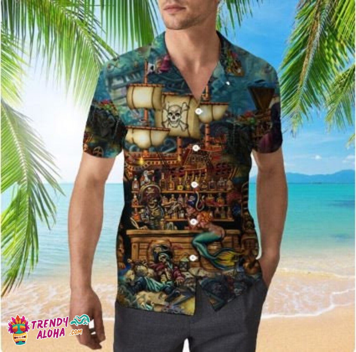 Night Sea Skull Pirate Treasure Quest Themed Hawaiian Shirt