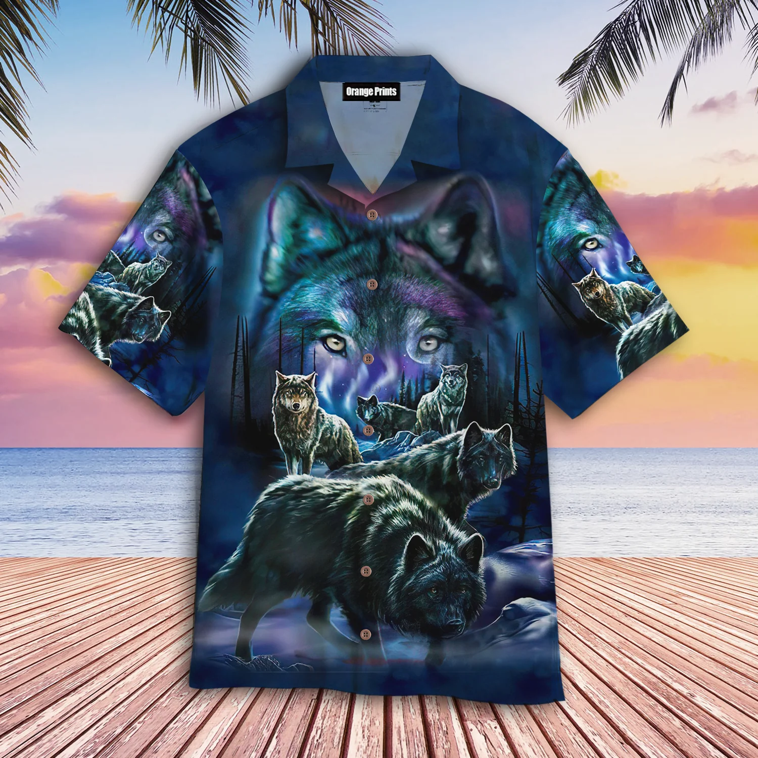 Nighttime Forest Scene with Wolf Hawaiian Shirt