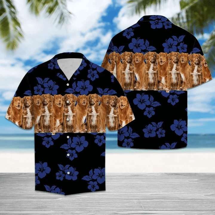 Nova Scotia Duck Tolling Retriever On Navy Hibiscus Trendy Hawaiian Shirt, Short Sleeve Hawaiian Aloha Shirt For Men And Women