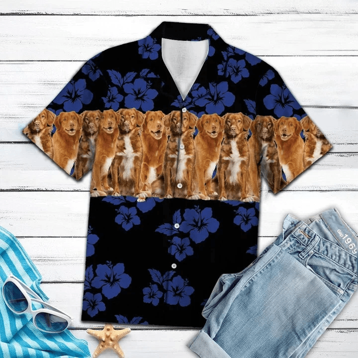 Nova Scotia Duck Tolling Retriever On Navy Hibiscus Trendy Hawaiian Shirt, Short Sleeve Hawaiian Aloha Shirt For Men And Women Nova Scotia Duck Tolling Retriever On Navy Hibiscus Trendy Hawaiian Shirt, Short Sleeve Hawaiian Aloha Shirt For Men And Women