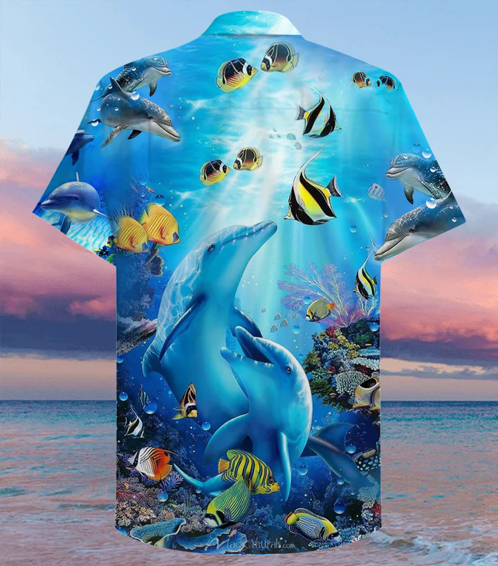 Ocean Blue Dolphin Colorful Coral Trendy Hawaiian Shirt 3D, Coral Trendy Hawaiian Shirt For Summer Gifts