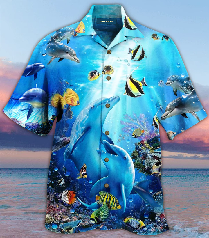Ocean Dolphin Blue Coral Hawaiian Summer Shirt