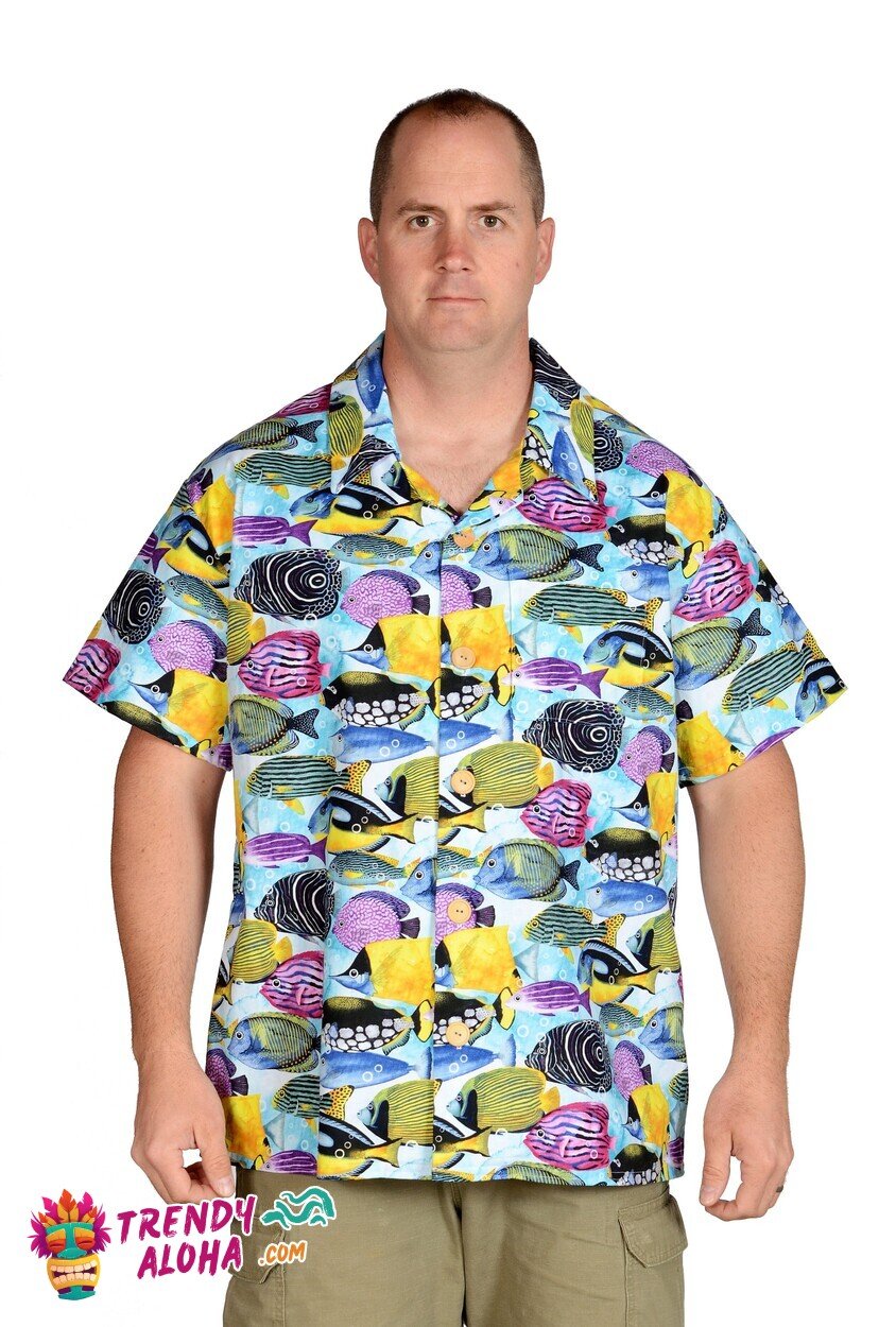 Ocean Life Teal Tropical Fish Print Hawaiian Beachwear Shirt