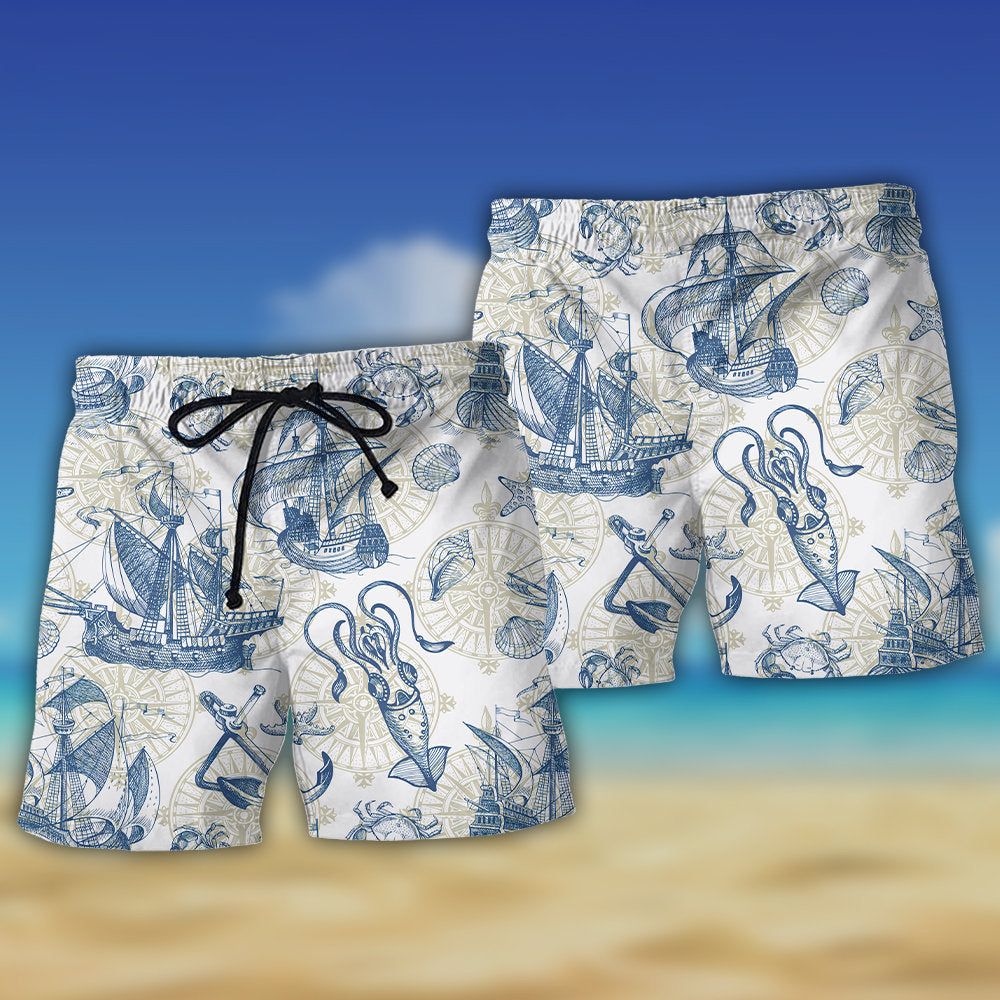 Ocean Life Vintage Sailboat Sea Monster Geographical Maps Trendy Aloha Hawaiian Beach Shorts