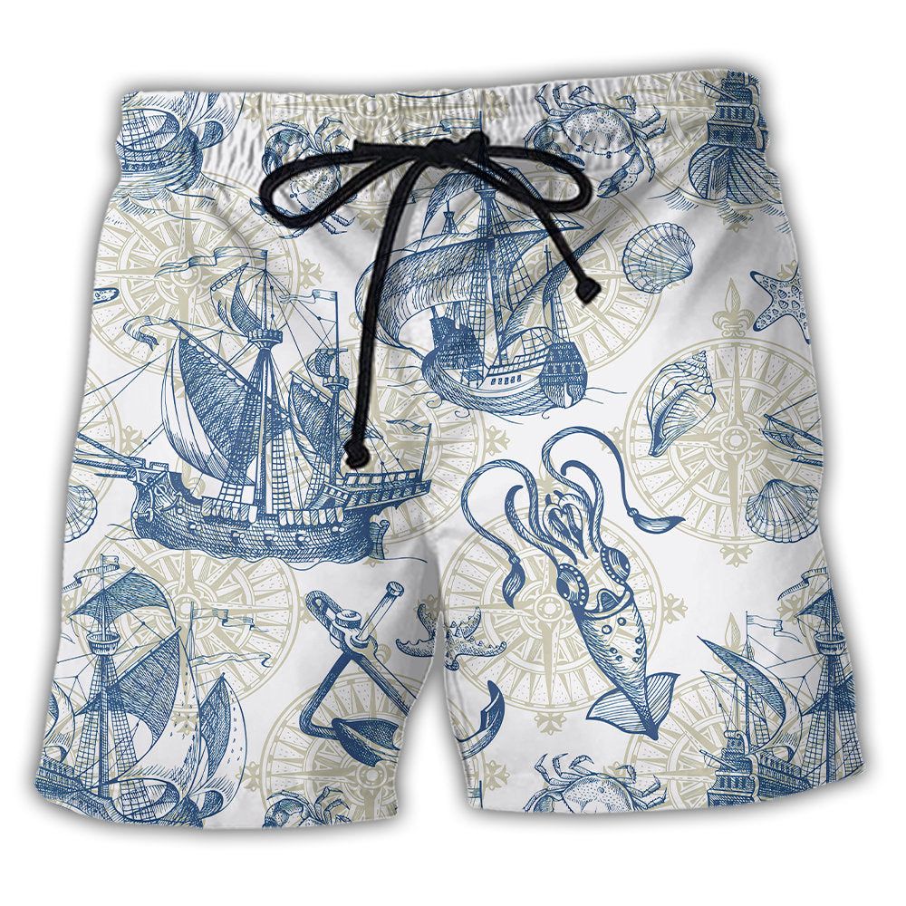 Ocean Life Vintage Sailboat Sea Monster Geographical Maps Trendy Aloha Hawaiian Beach Shorts Ocean Life Vintage Sailboat Sea Monster Geographical Maps Trendy Aloha Hawaiian Beach Shorts