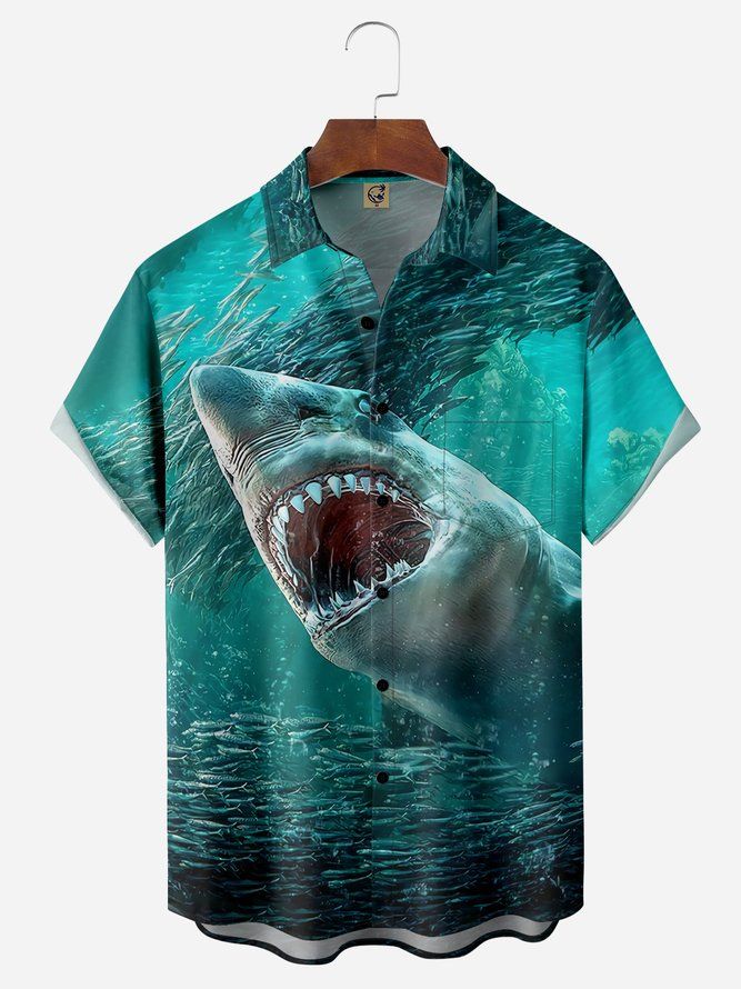 Ocean Shark Chest Pocket Short Sleeve Hawaiian Shirt Ocean Shark Chest Pocket Short Sleeve Hawaiian Shirt