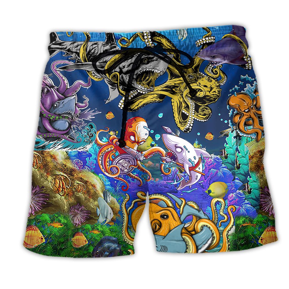 Ocean Shark Fighting Octopus Sea Life Trendy Aloha Hawaiian Beach Shorts