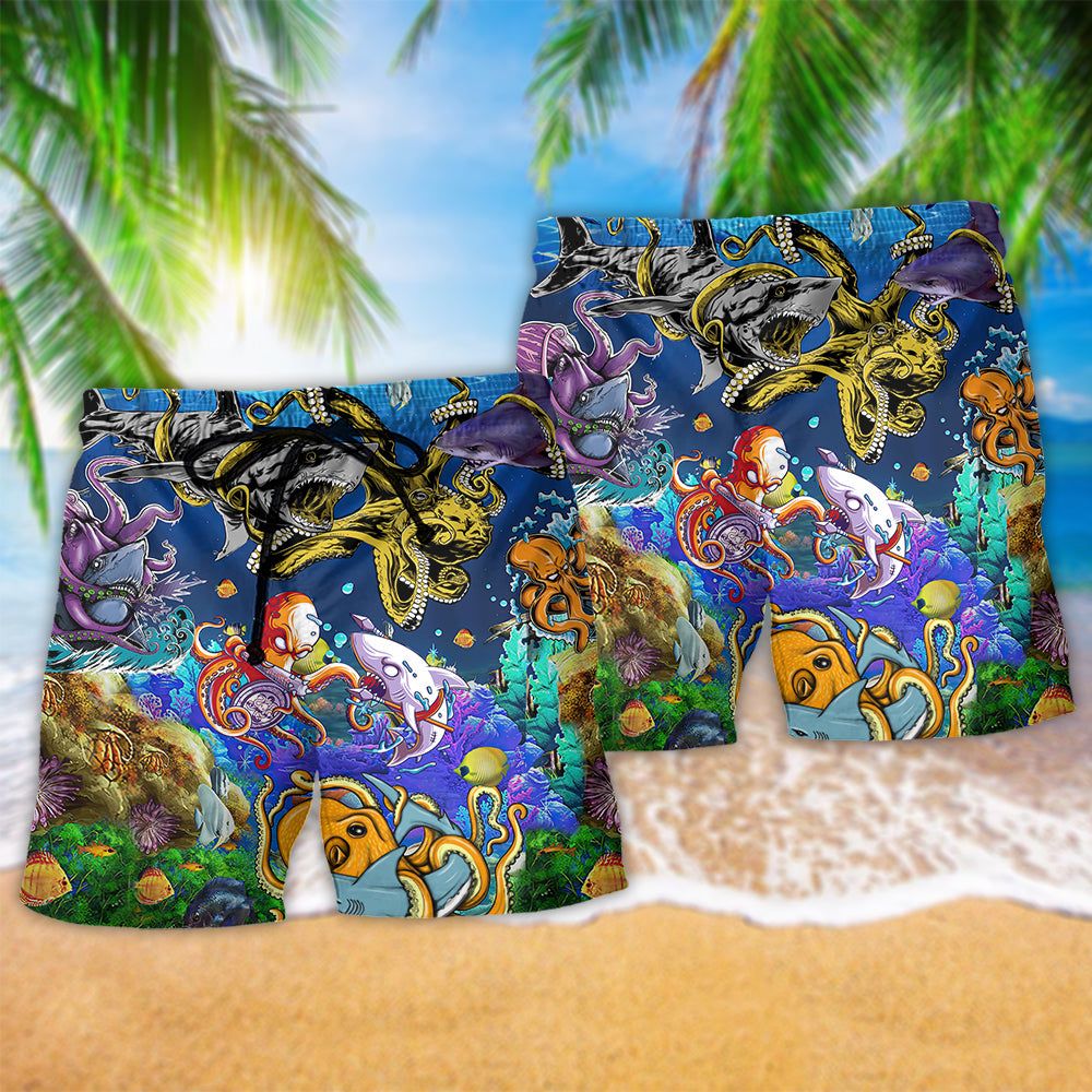 Ocean Shark Fighting Octopus Sea Life Trendy Aloha Hawaiian Beach Shorts