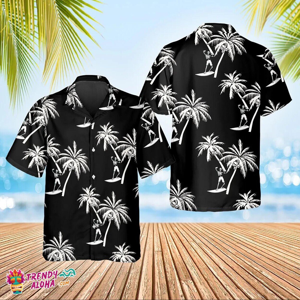 Ocean View Coconut Tree Skull Print Summer Beach Hawaiian Shirt