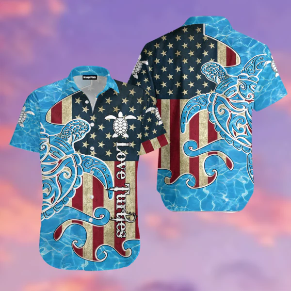 Oceanic Turtle with Flag Theme Hawaiian Shirt