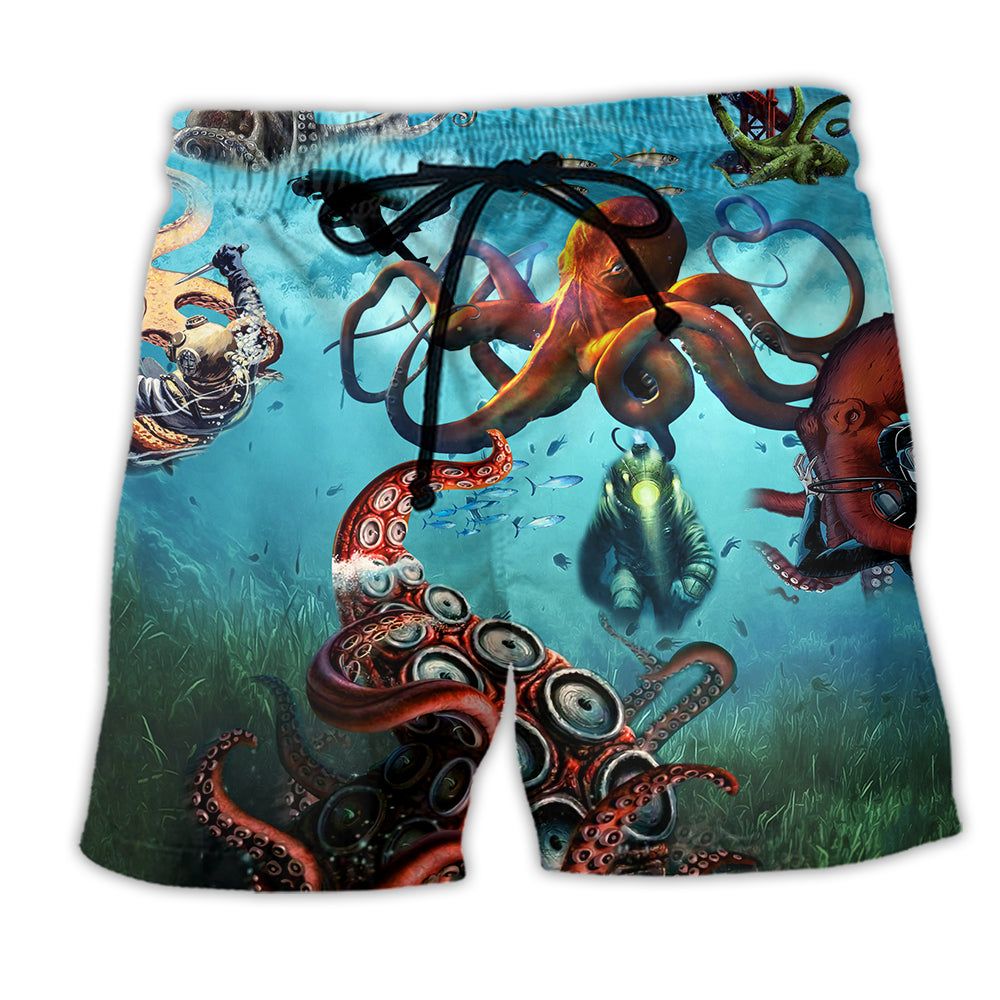 Octopus Giant And Diver Green Trendy Aloha Hawaiian Beach Shorts Octopus Giant And Diver Green Trendy Aloha Hawaiian Beach Shorts