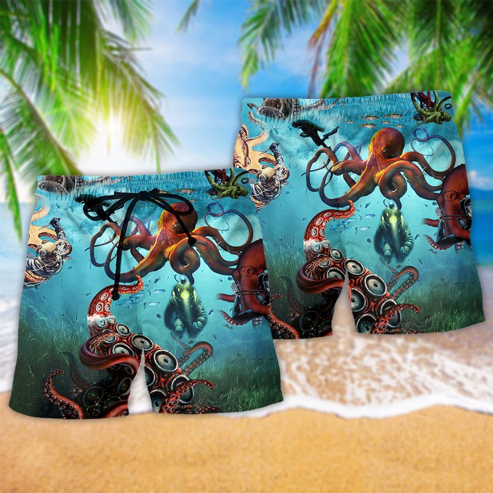 Octopus Giant And Diver Trendy Aloha Hawaiian Beach Shorts