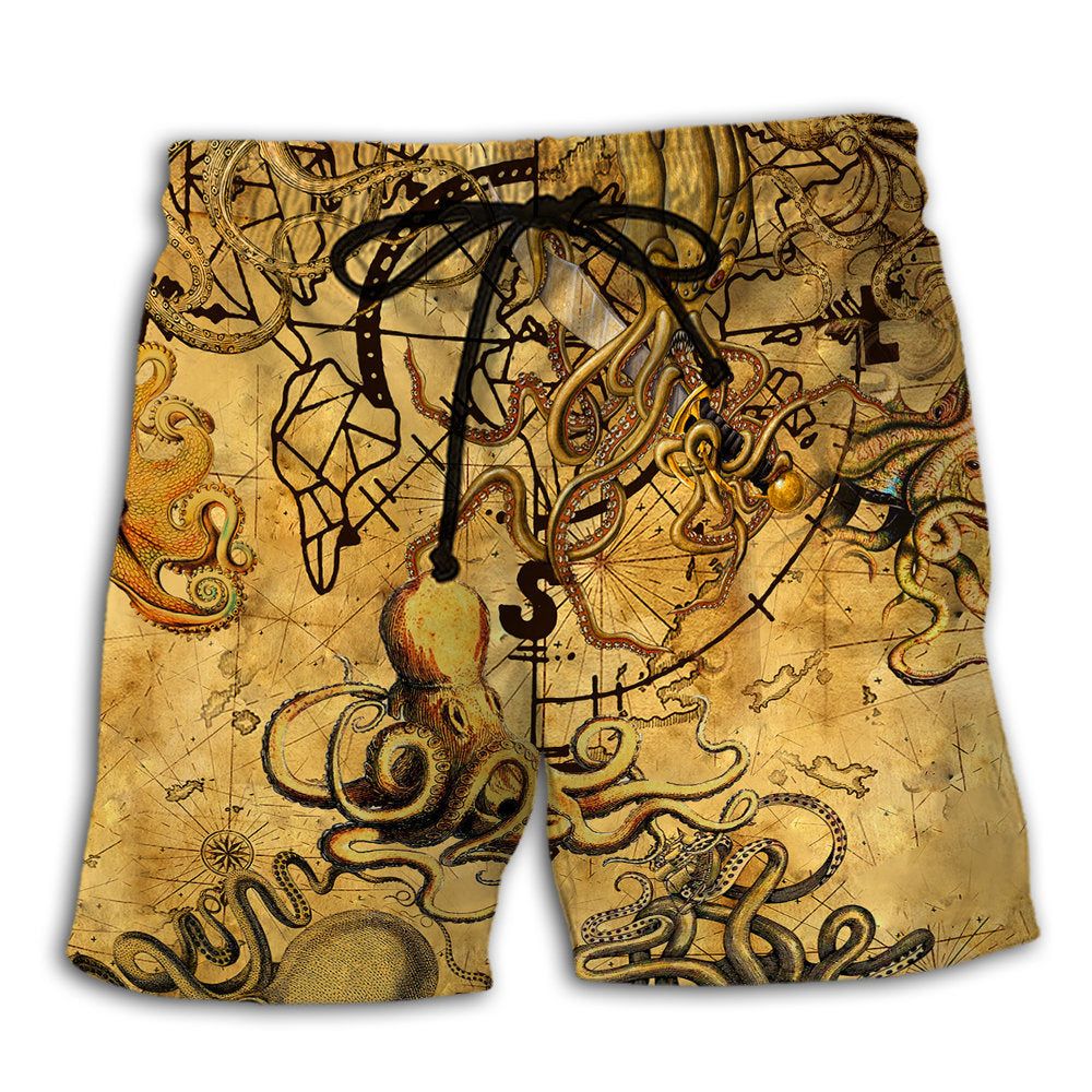 Octopus Hunting Treasure Vintage Cool Trendy Aloha Hawaiian Beach Shorts Octopus Hunting Treasure Vintage Cool Trendy Aloha Hawaiian Beach Shorts
