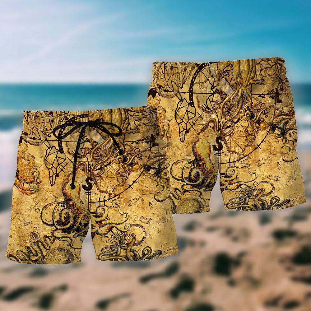 Octopus Hunting Treasure Vintage Cool Trendy Aloha Hawaiian Beach Shorts