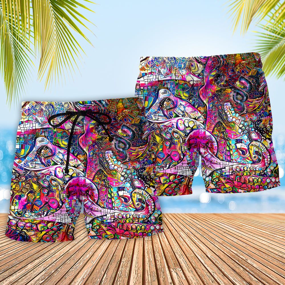 Octopus In Whimsical Modern Psychedelics Trendy Aloha Hawaiian Beach Shorts