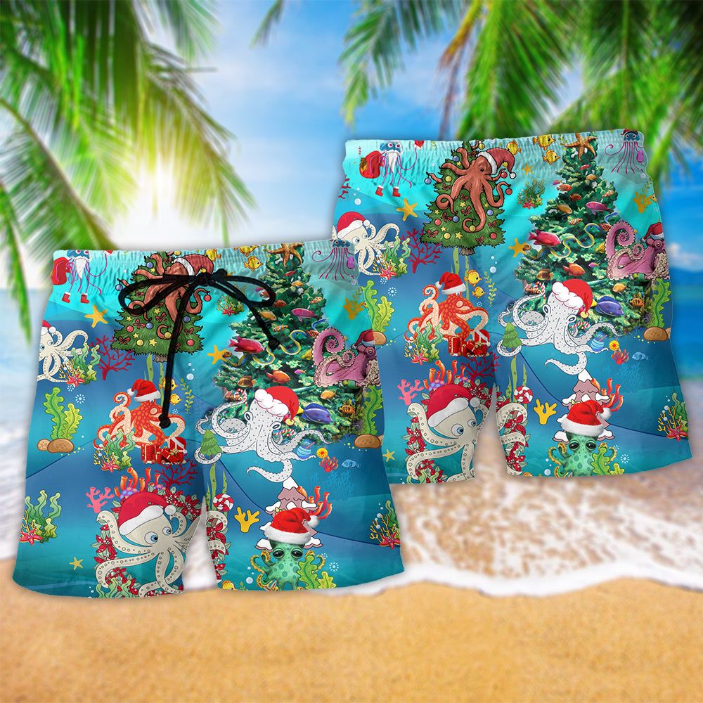 Octopus Merry Xmas Amazing Trendy Aloha Hawaiian Beach Shorts
