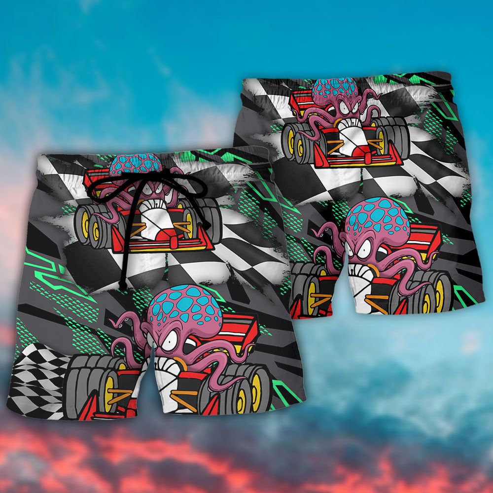 Octopus Racing Formula One Car Racing Australian Vibe Art Trendy Aloha Hawaiian Beach Shorts