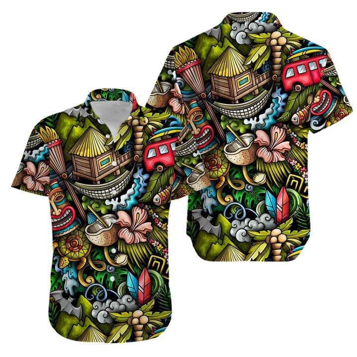 Ohana Hawaii Tiki Tropical Leaves Aloha Hawaiian Shirt