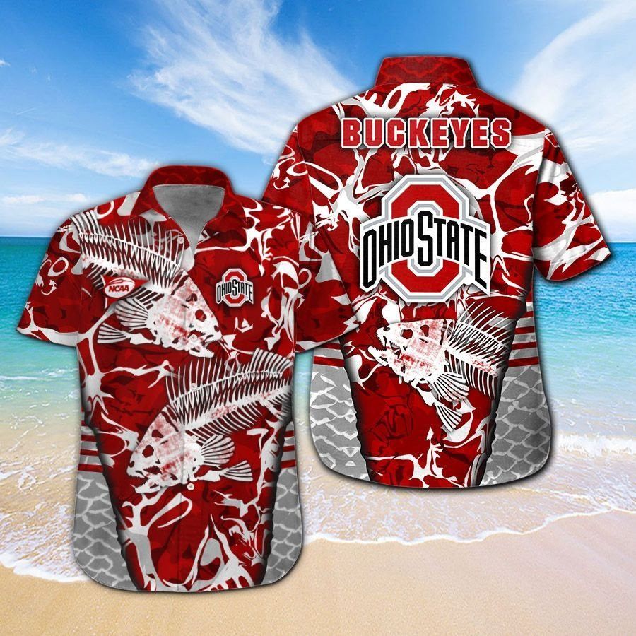 Ohio State Buckeyes Fishing Short Sleeve Button Up Tropical Hawaiian Shirt