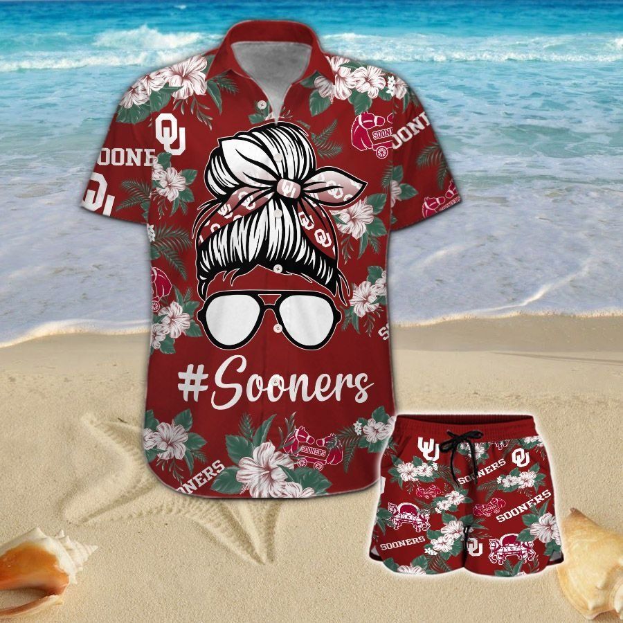 Oklahoma Sooners Girl Messy Bun Short Sleeve Button Up Tropical Hawaiian Shirt