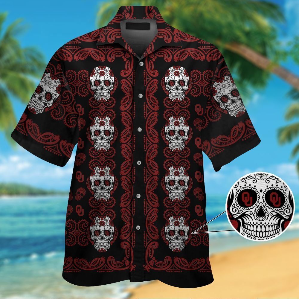 Oklahoma Soonersskull Short Sleeve Button Up Tropical Hawaiian Shirt