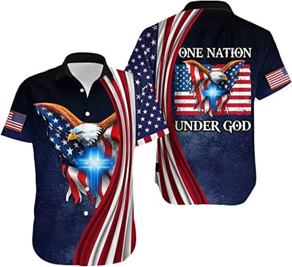 One Nation Under God American Eagle Shirts For Men- Patriotic Jesus Flag 1776 Button Up Short Sleeve Men’s Hawaiian