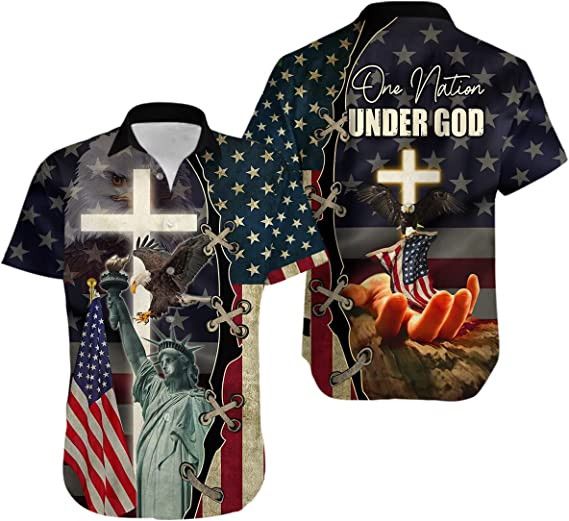One Nation Under God American Eagle Shirts For Men- Patriotic Jesus Flag 1776 Button Up Short Sleeve Men’s Hawaiian