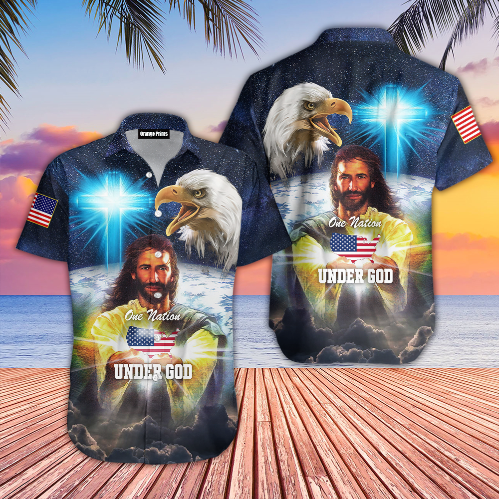 One Nation Under God Jesus And Eagle Aloha Hawaiian Shirts For Men And Women |
