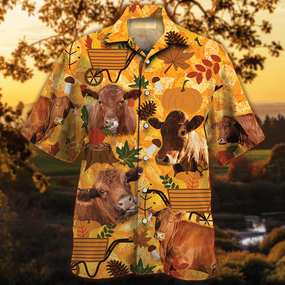 Orange Autumn Nature Red Angus Cattle Hawaiian Shirt for Bovine Fans