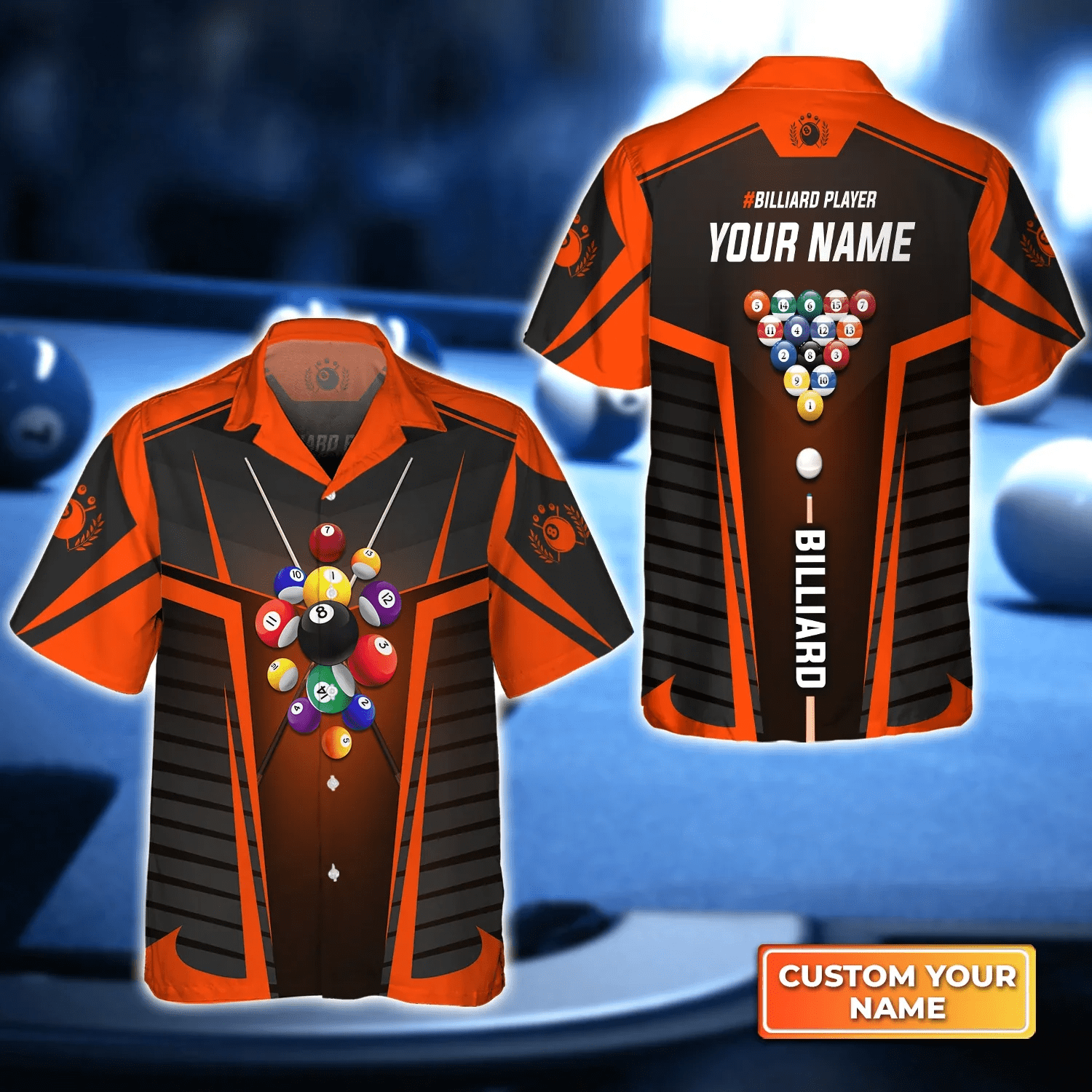 Orange Billiard Balls Personalized Name 3D Trendy Hawaiian Shirt, Billiard Team Shirt, Summer Shirt Gift For Billiard Lover