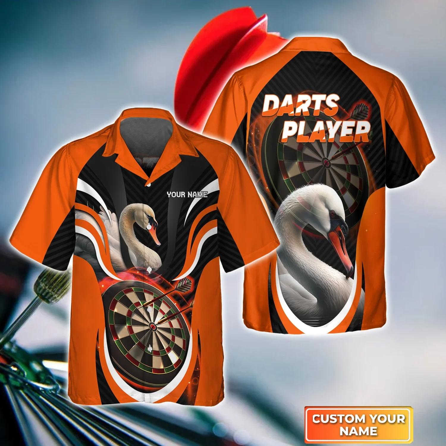 Orange Bullseye Dartboard Personalized Name 3D Swan And Darts Trendy Hawaiian Shirt For Dart Team Player