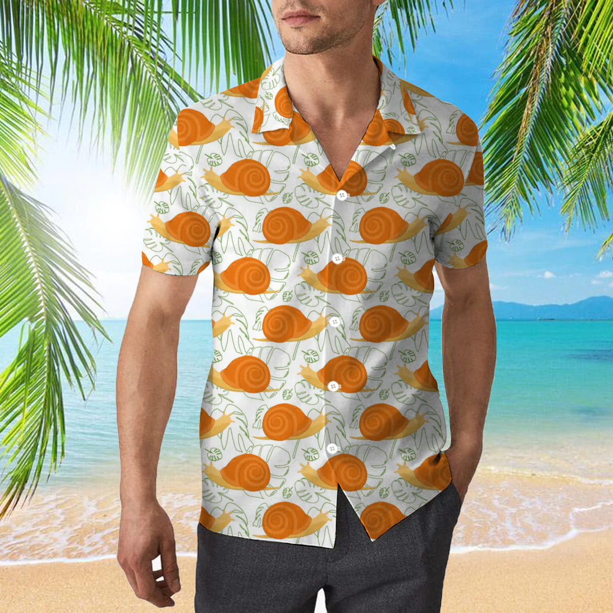 Orange Snails With Monstera Leaves Trendy Hawaiian Shirt