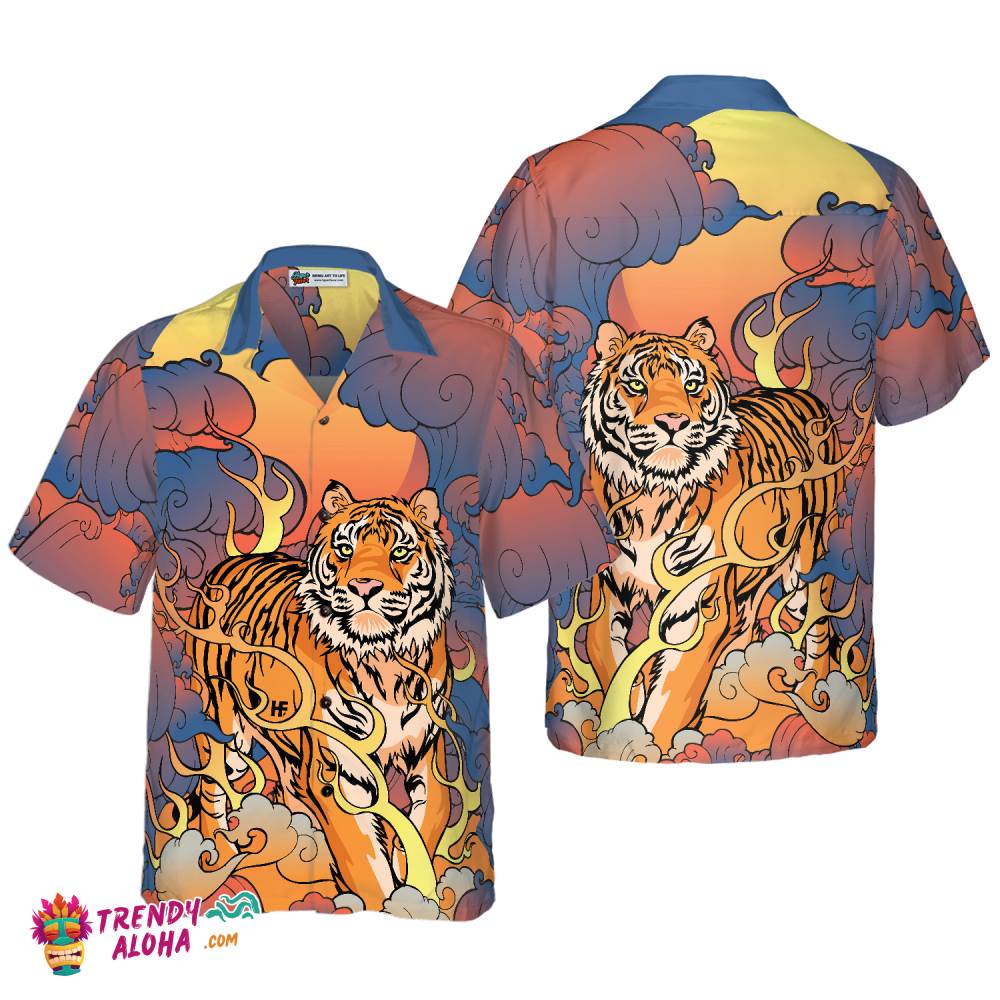 Oriental Powerful Tiger Hawaiian Shirt, Dawn Sun And Cloud Tiger Print Shirt For Men