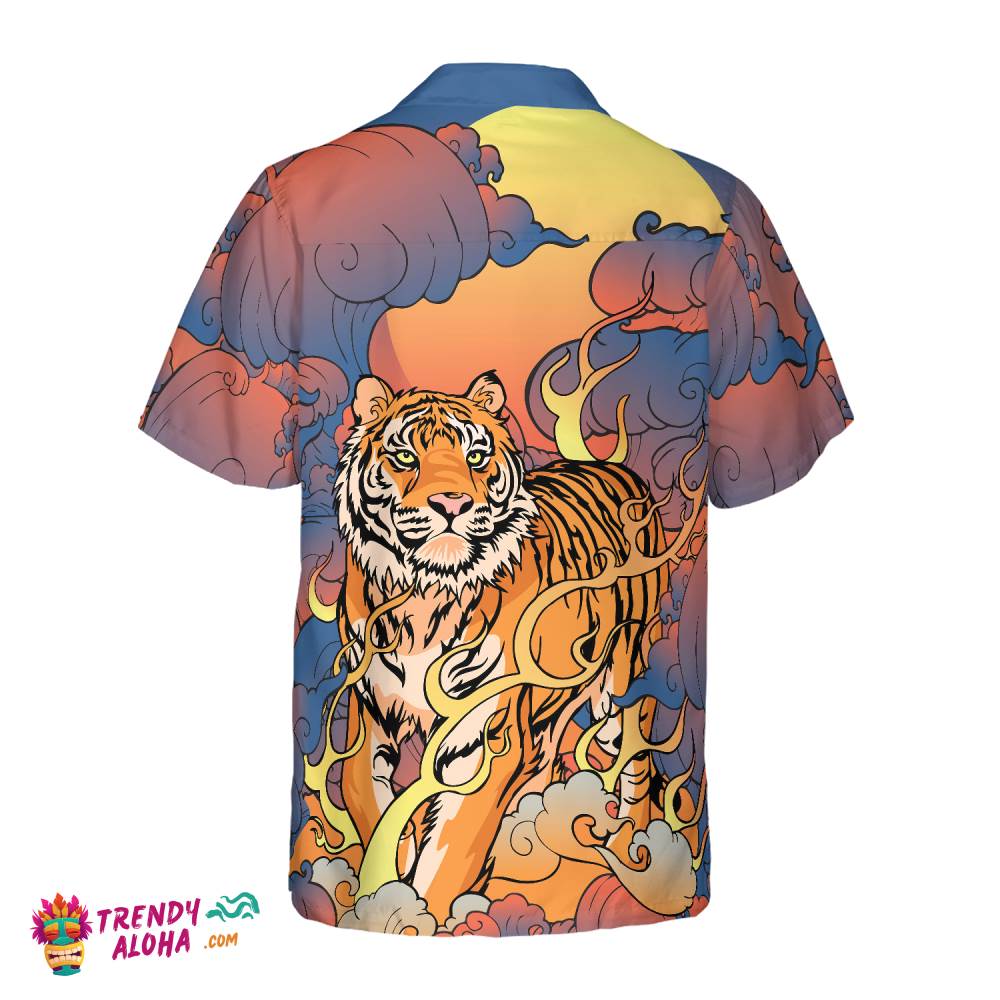 Oriental Powerful Tiger Hawaiian Shirt, Dawn Sun And Cloud Tiger Print Shirt For Men