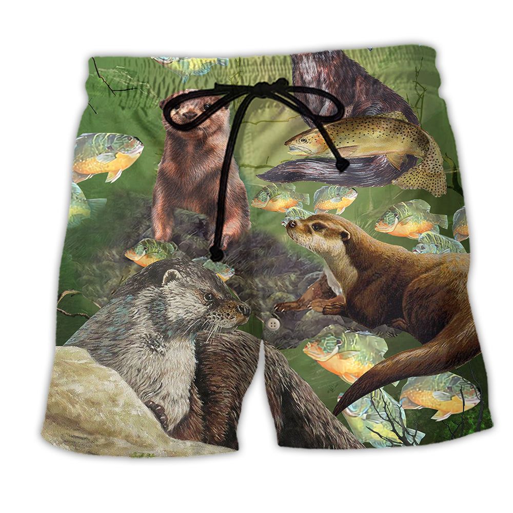 Otter A Busy Fishing Day Of Otter Fish Trendy Aloha Hawaiian Beach Shorts