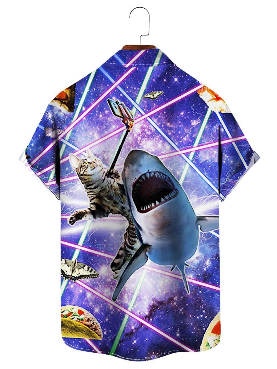 Outer Space Pizza Cat And Shark Print Short Sleeve Shirt
