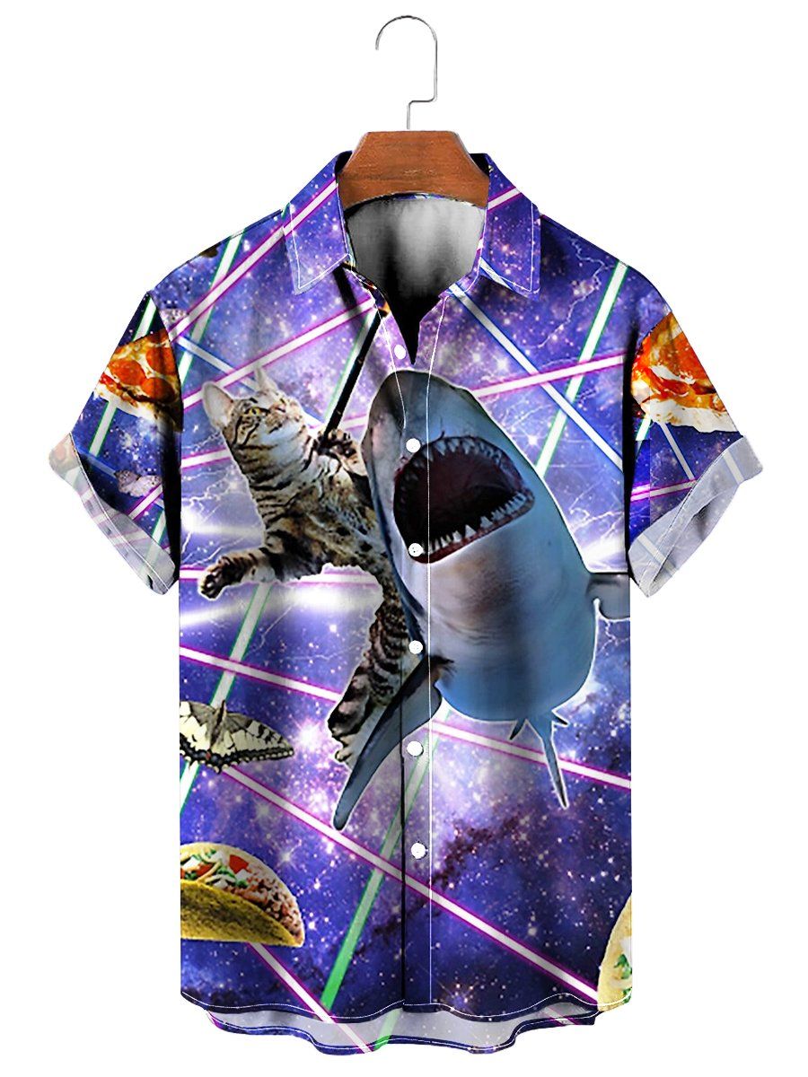 Outer Space Pizza Cat And Shark Print Short Sleeve Shirt Outer Space Pizza Cat And Shark Print Short Sleeve Shirt
