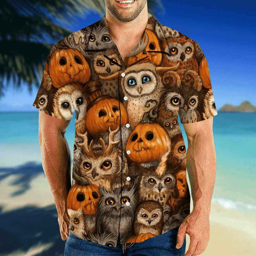 Owl and Pumpkin Themed Hawaiian Aloha Shirt for Halloween