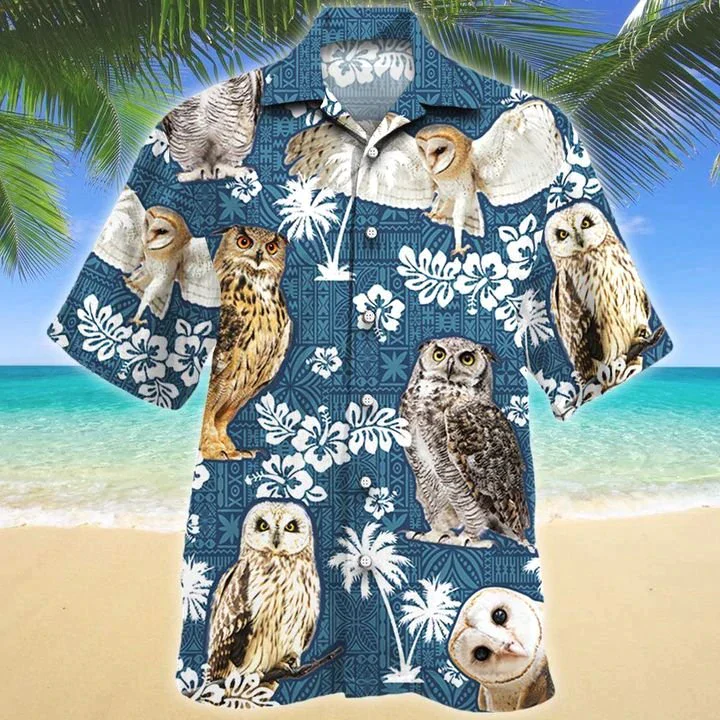 Owl Blue Tribal Pattern Trendy Hawaiian Shirt, Owl Trendy Hawaiian Shirts, Owl Aloha Shirt For Men, Hawaii Shirt Woman