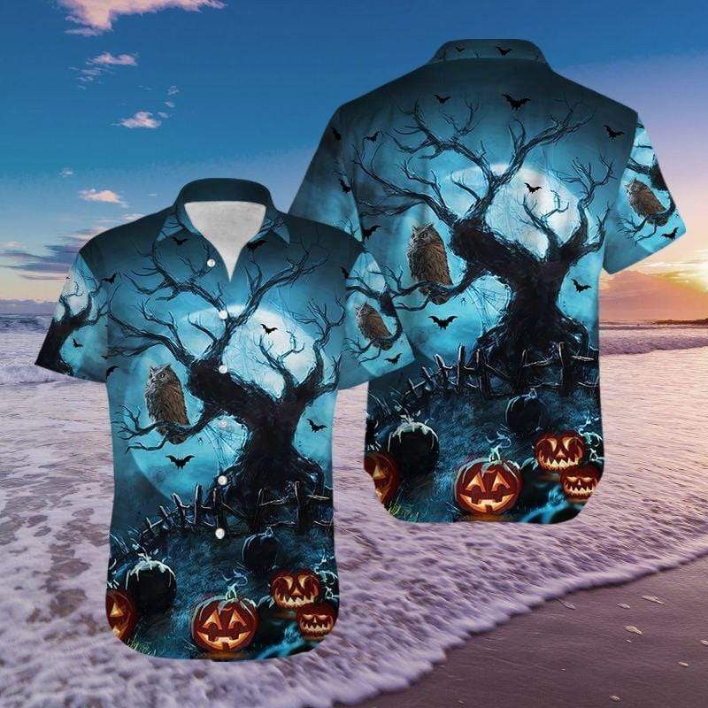 Owl Night With Pumpkin Halloween Hawaiian Aloha Shirts, Unisex Print Aloha Short Sleeve Casual Shirt