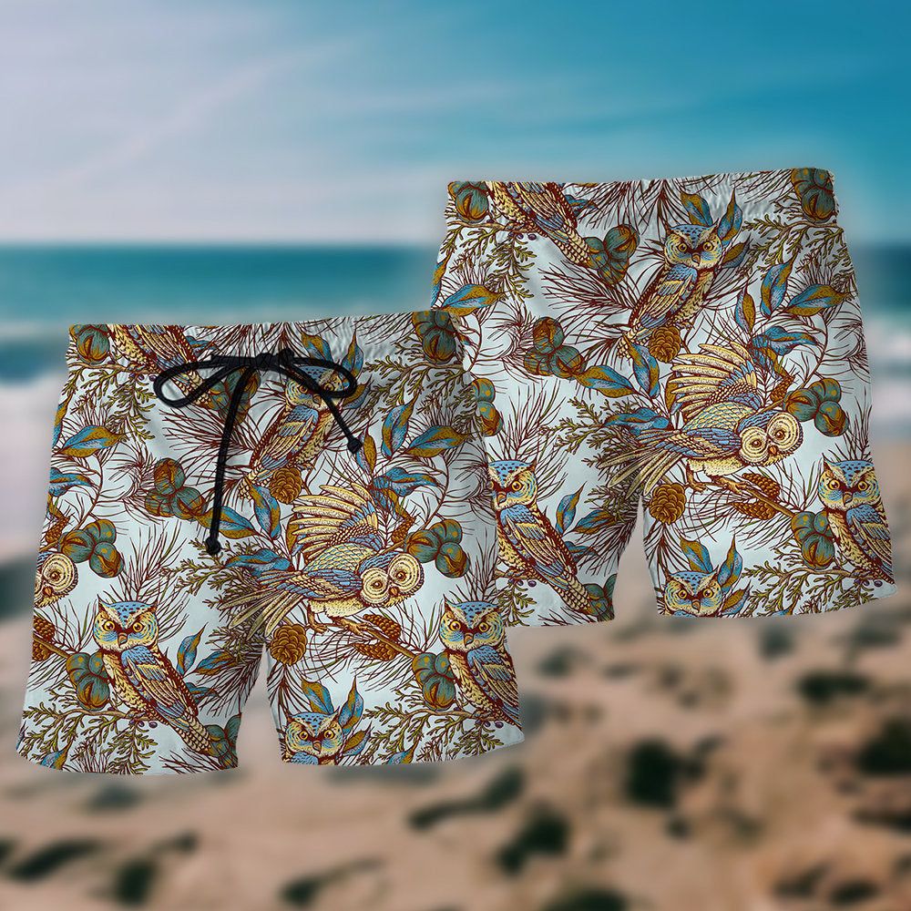 Owl Vintage Leaf Style Trendy Aloha Hawaiian Beach Shorts