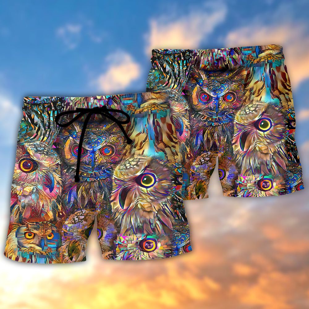Owl Wild Animal Neon Colorful Trendy Aloha Hawaiian Beach Shorts