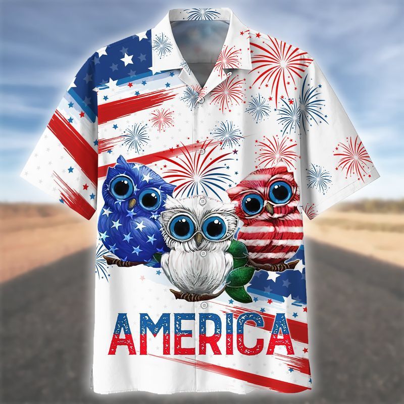 Owls Celebrating Independence Day Hawaiian Shirt Vibrant Design
