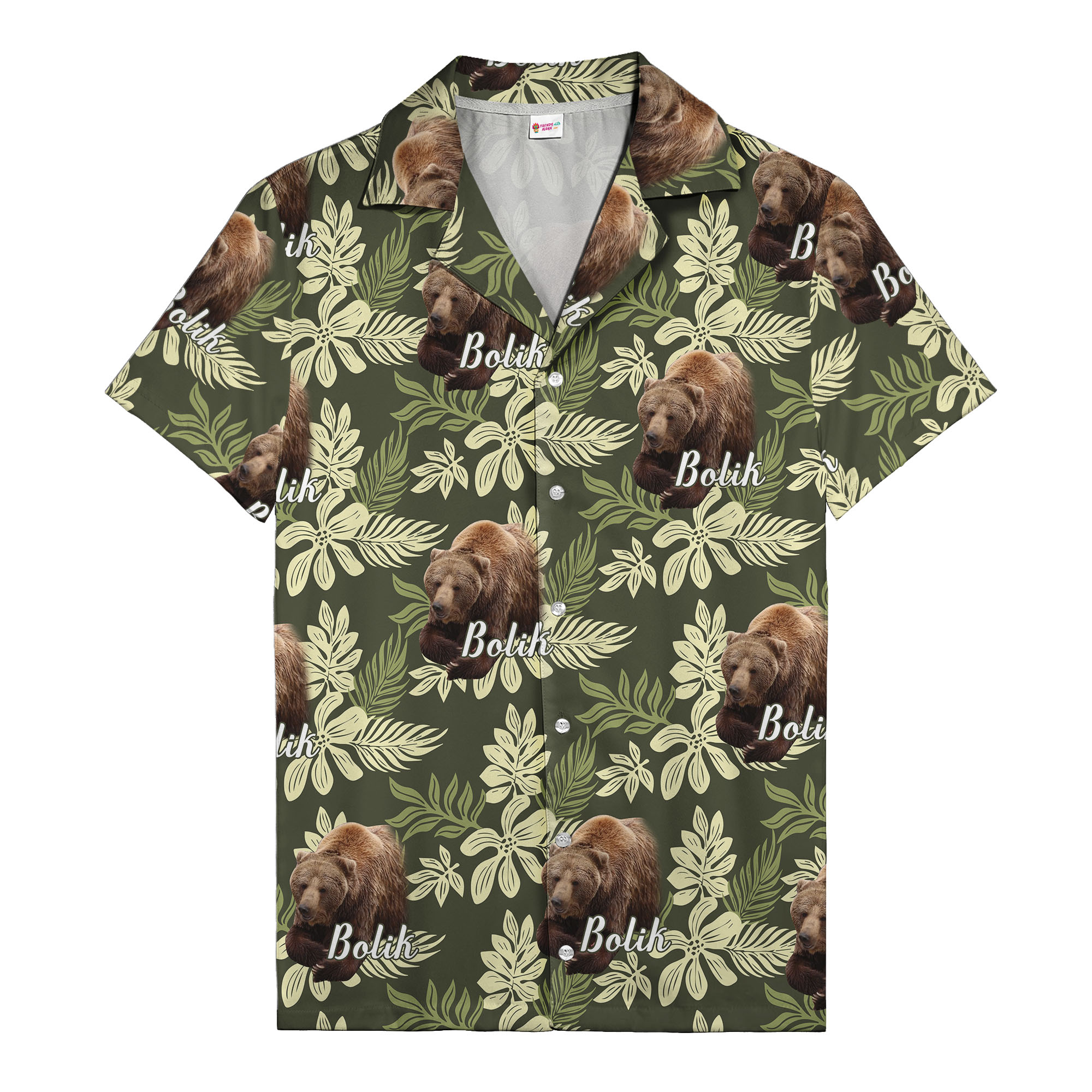 bear silhouette & tropical floral custom name men's hawaiian camp shirt hawaiian shirt